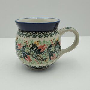 Polish Pottery Rose Bud Roundup Bubble Mug Red Yellow Flowers Blue Green Leaves
